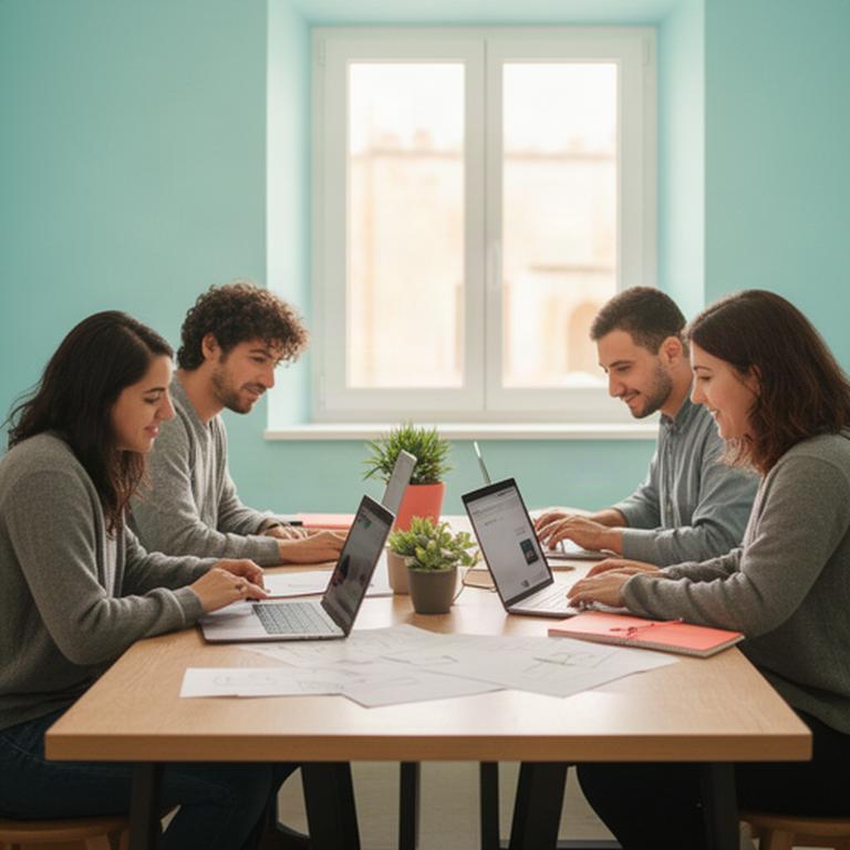 Equipo de diseño web trabajando junto a una ventana luminosa en un estudio de Alcudia